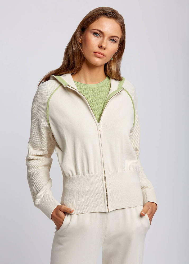 KNITSS - Organic Cotton Contrast Piping Detail Beige Knit Jacket