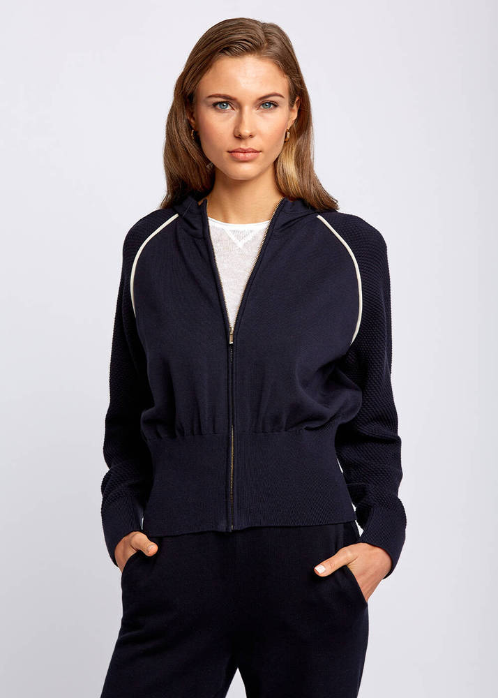 KNITSS - Organic Cotton Contrast Piping Detail Navy Knit Jacket