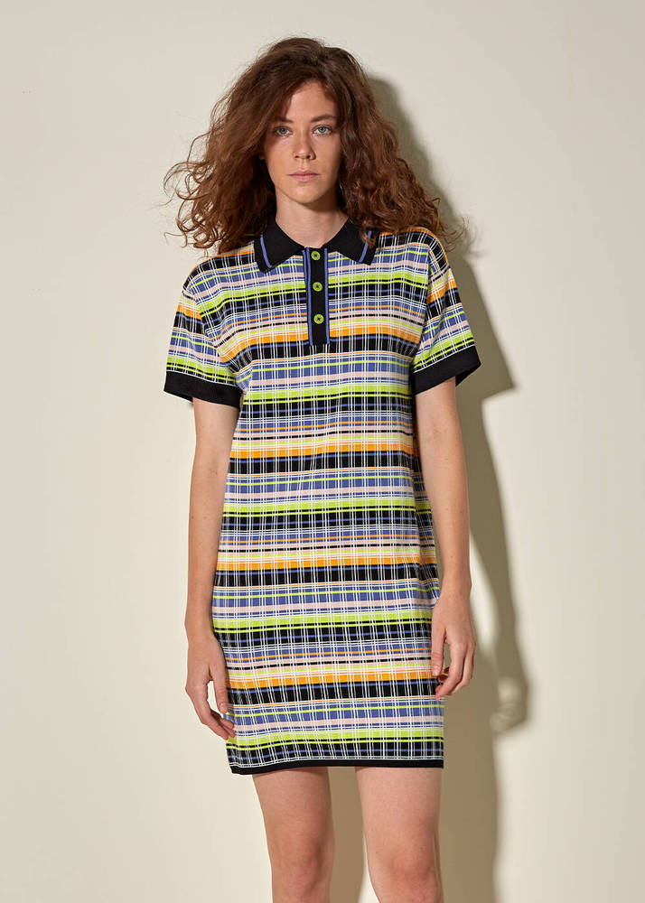 KNITSS - Striped Polo Neck Mini Knit Dress