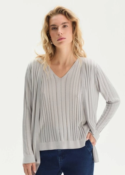 Açık Gri İpek Karışımlı Triko Hırka - 1