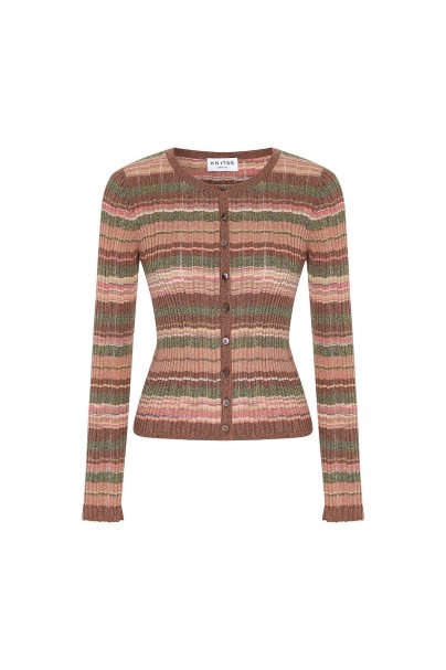 Ajour Knit Brown-Green Color Gradient Cardigan - 6