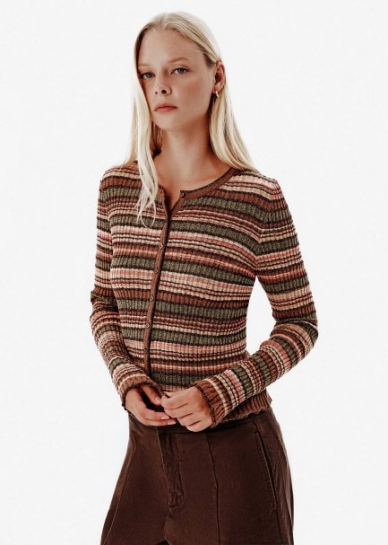 Ajour Knit Brown-Green Color Gradient Cardigan - 3
