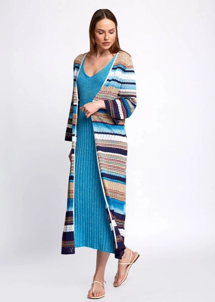 Ajur Detaylı Çizgili Midi Yazlık Triko Hırka - 4