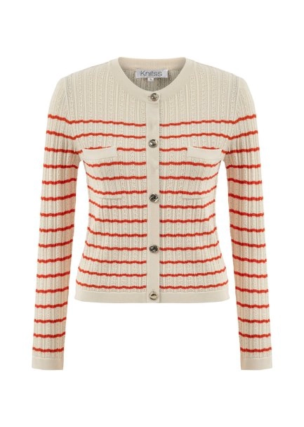 Ajur Örgü Bej Mercan Çizgili Triko Hırka - 6