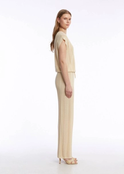 Ajur Örgü Bej Triko Pantolon - 4