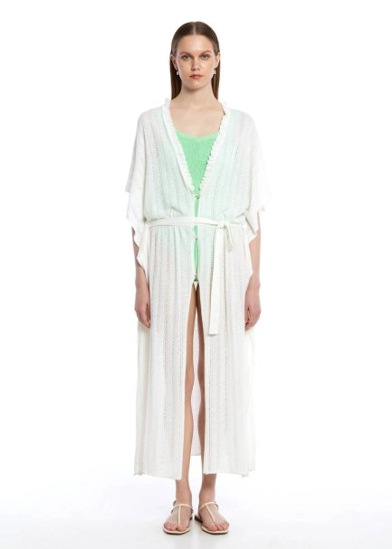 Ajur Örgü Beyaz Triko Kaftan - 1