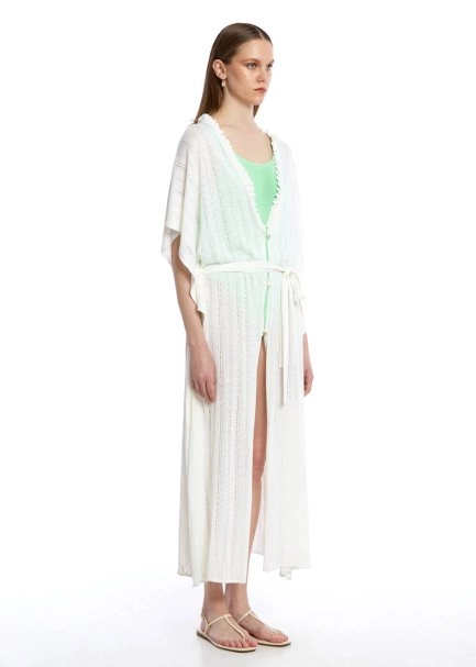 Ajur Örgü Beyaz Triko Kaftan - 3