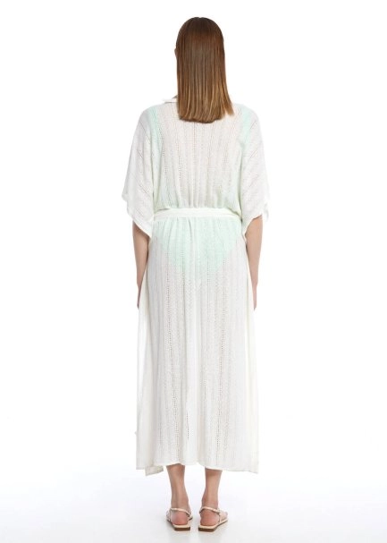 Ajur Örgü Beyaz Triko Kaftan - 5