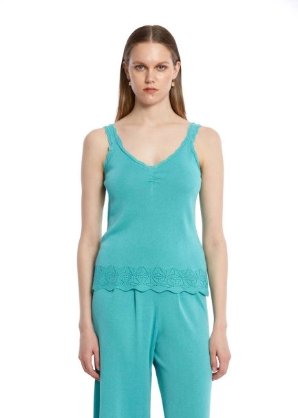 Ajur Örgü Detaylı Turkuaz Triko Üst - 1