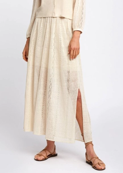 Ajur Örgü Detaylı Yırtmaçlı Bej Uzun Triko Etek - 1