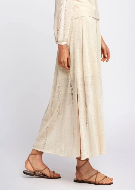 Ajur Örgü Detaylı Yırtmaçlı Bej Uzun Triko Etek - 4