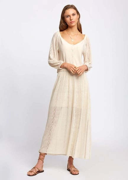 Ajur Örgü Detaylı Yırtmaçlı Bej Uzun Triko Etek - 5