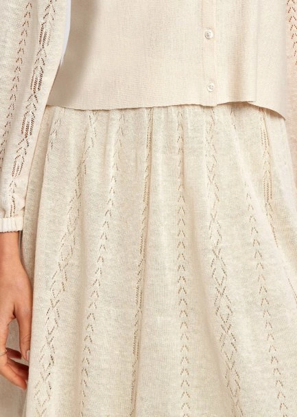 Ajur Örgü Detaylı Yırtmaçlı Bej Uzun Triko Etek - 6
