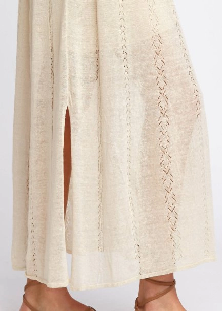 Ajur Örgü Detaylı Yırtmaçlı Bej Uzun Triko Etek - 7