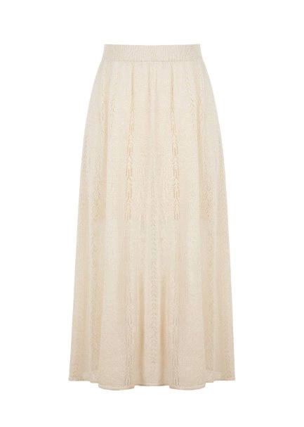 Ajur Örgü Detaylı Yırtmaçlı Bej Uzun Triko Etek - 8