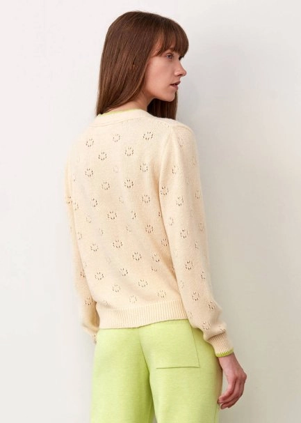 Ajur Örgü Düğmeli Krem Rengi Yün Hırka - 3