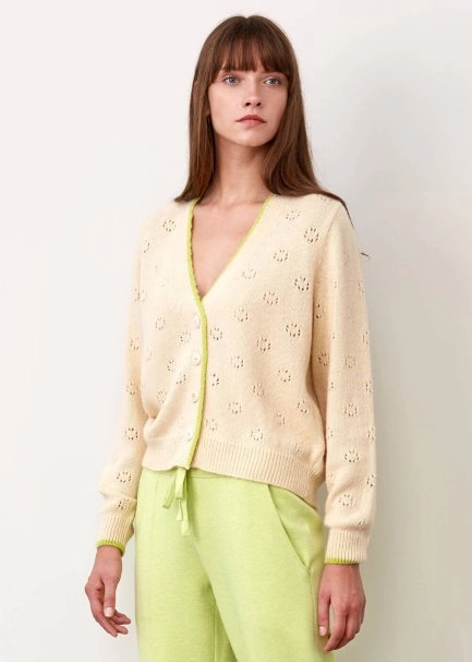 Ajur Örgü Düğmeli Krem Rengi Yün Hırka - 4