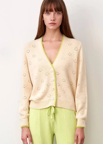 Ajur Örgü Düğmeli Krem Rengi Yün Hırka - 6