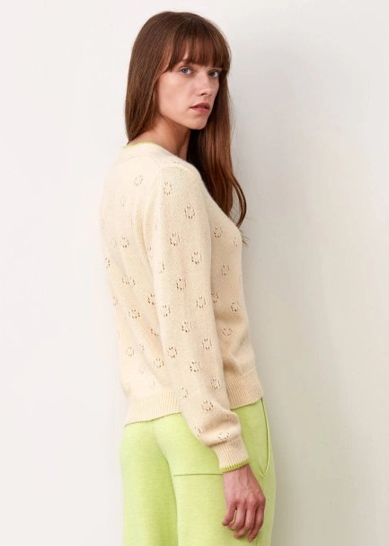 Ajur Örgü Düğmeli Krem Rengi Yün Hırka - 7