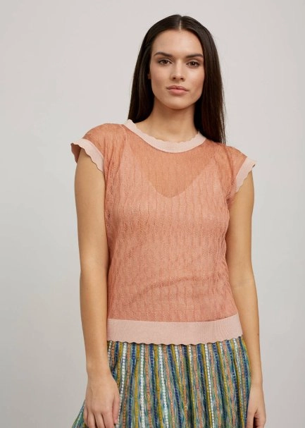 Ajur Örgü Pudra Rengi İnce Triko Üst - 1