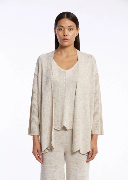 Ajur Örgülü Oversize Bej Triko Hırka - 1