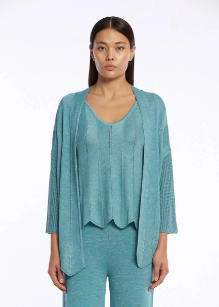 Ajur Örgülü Oversize Turkuaz Triko Hırka - 1