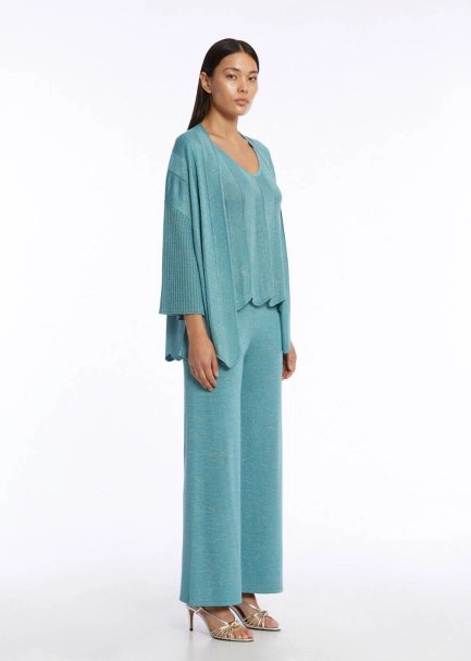 Ajur Örgülü Oversize Turkuaz Triko Hırka - 4