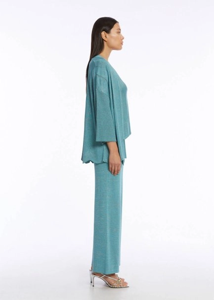 Ajur Örgülü Oversize Turkuaz Triko Hırka - 6