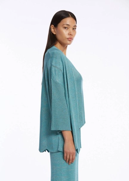 Ajur Örgülü Oversize Turkuaz Triko Hırka - 5