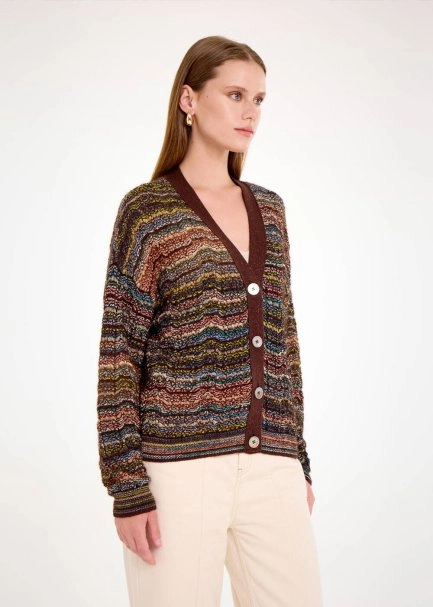 ALPACA BLEND TEAL COLOR BLOCK KNIT CARDIGAN - 4