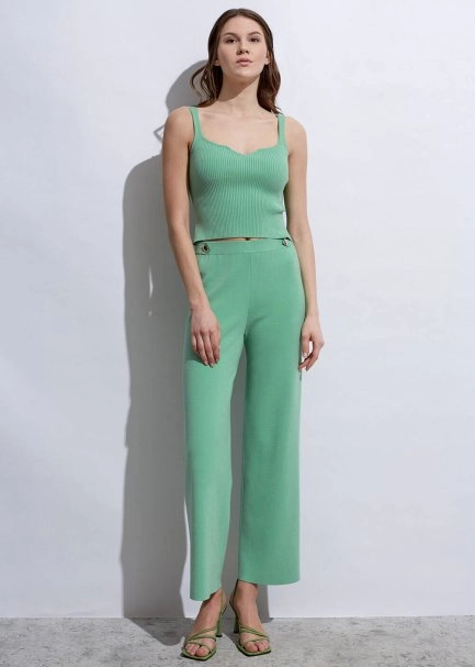 Apolet Detaylı Yeşil Triko Pantolon - 5