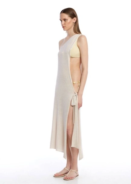 Asimetrik Kesim Bej Triko Elbise - 4