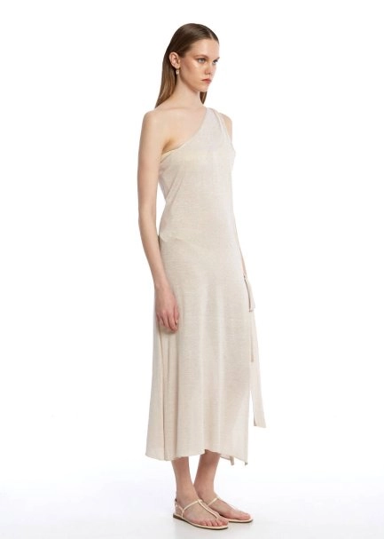 Asimetrik Kesim Bej Triko Elbise - 2