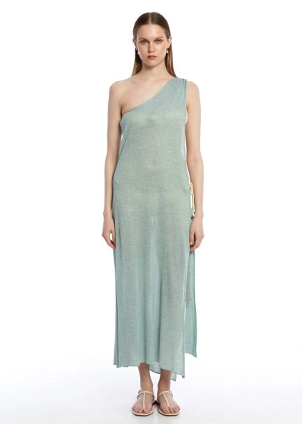 Asimetrik Kesim Mint Yeşili Triko Elbise - 1