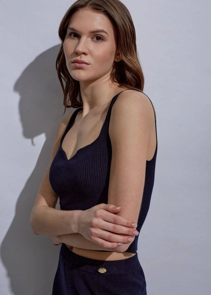 Askılı Fitil Örgü Lacivert Triko Üst - 5