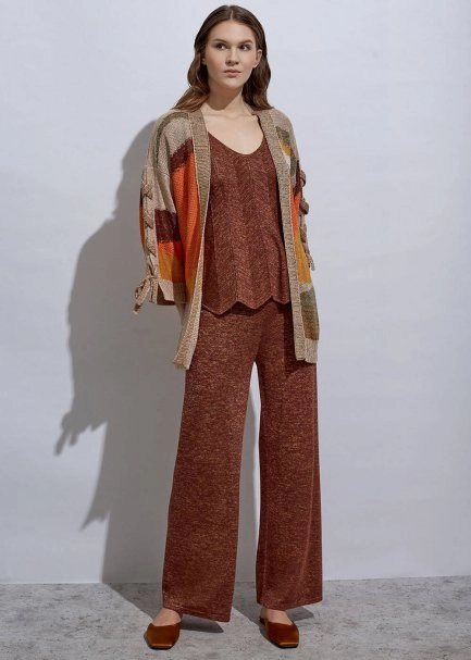 Bağcık Detaylı İntersia Tarçın Rengi Triko Hırka - 2