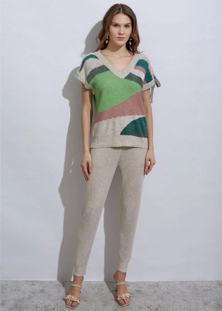 Bağcık Detaylı İntersia Yeşil Triko Üst - 2