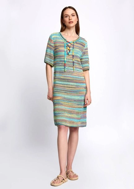 Bağcık Detaylı Yarım Kol Turkuaz Triko Elbise - 5