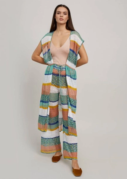 Bağcıklı Çizgi Desenli Ajur Örgü Uzun Triko Yelek - 2