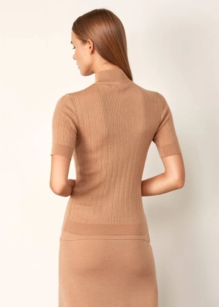 Balıkçı Yaka Merino Yün Kısa Kollu Camel Triko Üst - 3