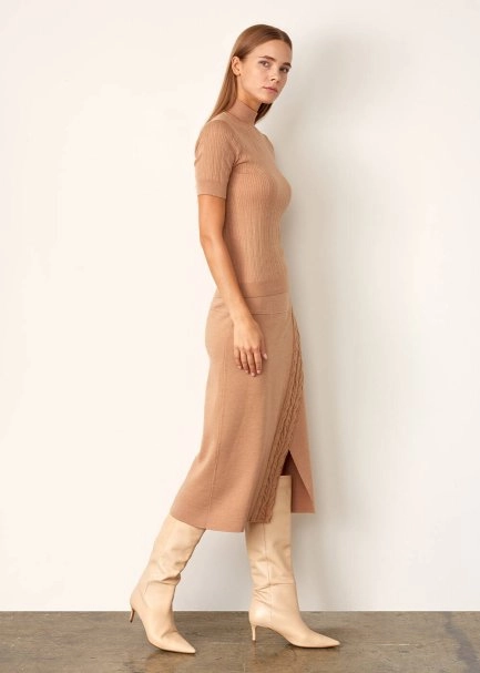Balıkçı Yaka Merino Yün Kısa Kollu Camel Triko Üst - 5