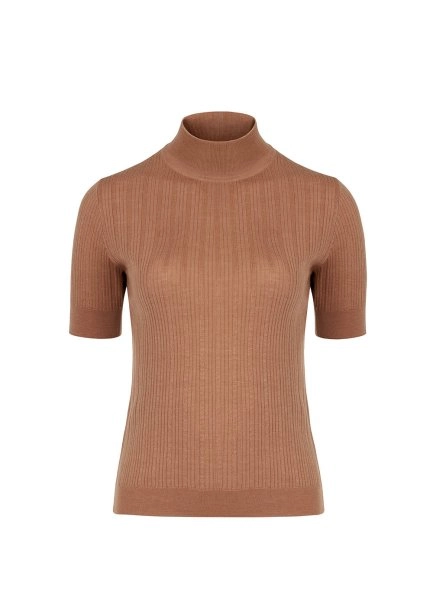 Balıkçı Yaka Merino Yün Kısa Kollu Camel Triko Üst - 8