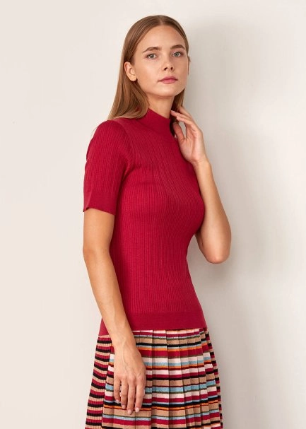 Balıkçı Yaka Merino Yün Kısa Kollu Fuşya Triko Üst - 4