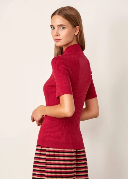 Balıkçı Yaka Merino Yün Kısa Kollu Fuşya Triko Üst - 7
