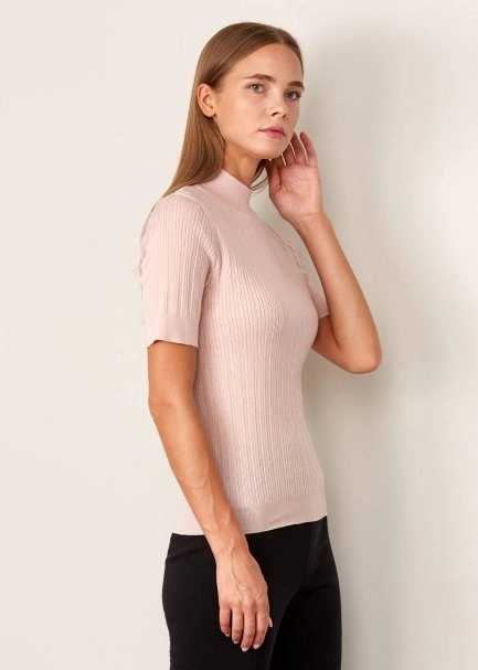 Balıkçı Yaka Merino Yün Kısa Kollu Pembe Triko Üst - 4