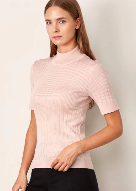 Balıkçı Yaka Merino Yün Kısa Kollu Pembe Triko Üst - 6