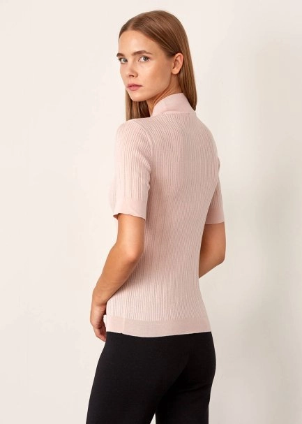 Balıkçı Yaka Merino Yün Kısa Kollu Pembe Triko Üst - 7