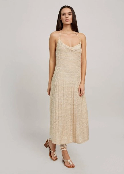 Beige Geometric-Patterned Knit Dress - 1