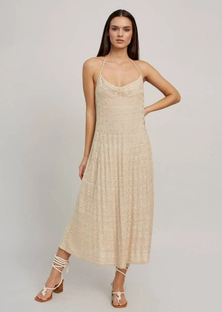 Beige Geometric-Patterned Knit Dress - 5