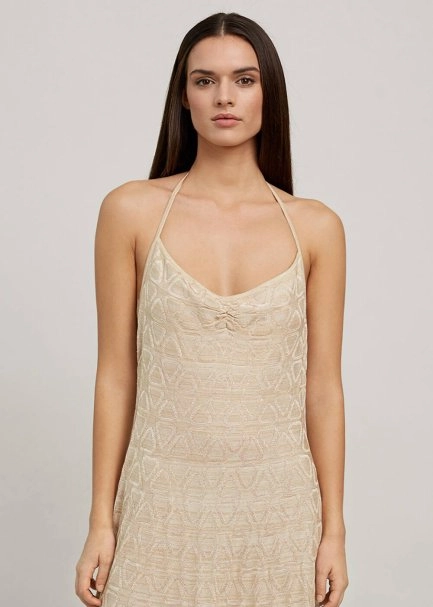 Beige Geometric-Patterned Knit Dress - 7